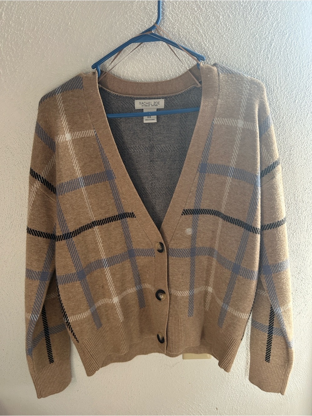 RACHEL ZOE Tan Plaid V-Neck Button Cardigan Sweater